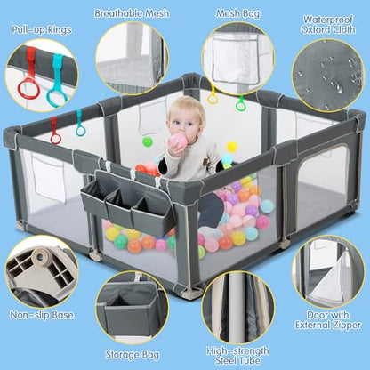 CAPAKIDS Foldable Baby Playpen 59"×71", Out-of-The-Box Ready Playpen for Babies and Toddlers, Portable Play Yard with Breathable Mesh & Gates, Storage Bag & 4 Handlers for Indoor & Outdoor - size: 59"x71"