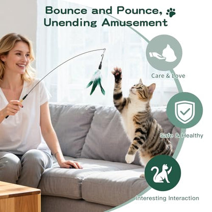 Pawaboo Feather Teaser Cat Toy, Interactive Feather Wand Cat Toy Flying Feather Cat Catcher with Extra Long 34.5" Wand and Small Bell, Fun Exerciser Playing Toy for Kitten or cat, White & Green - color: White & Green