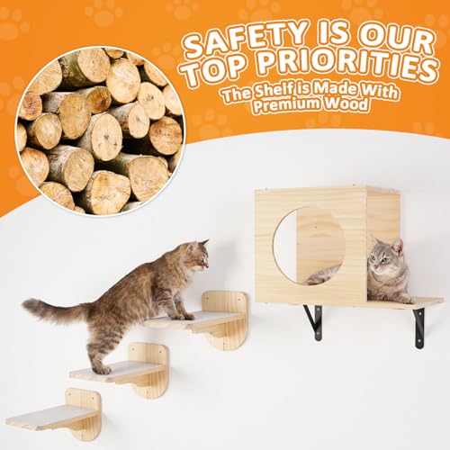 TIMIEEYA Cat Wall Shelves - Stable & Safe 5 in 1 Cat Walls Furniture Set, Wooden Kitten Climbing Wall with 1 Condos House, 1 Hammock & 3 Wall Steps - style: 5pcs with Hammock