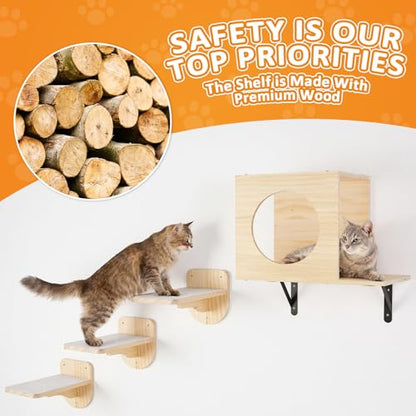TIMIEEYA Cat Wall Shelves - Stable & Safe 5 in 1 Cat Walls Furniture Set, Wooden Kitten Climbing Wall with 1 Condos House, 1 Hammock & 3 Wall Steps - style: 5pcs with Hammock
