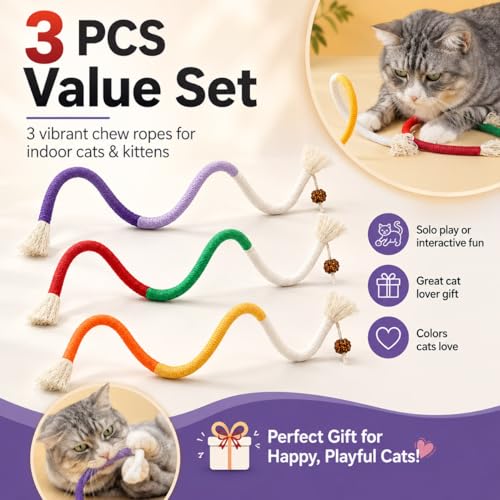 3 PCS Cat Chew Toys Rope Set, 27.56" Natural Sisal & Cotton Rope Cat Toys with Catnip, Pet-Friendly Teething & Oral Care Toys for Indoor Cats and Kittens