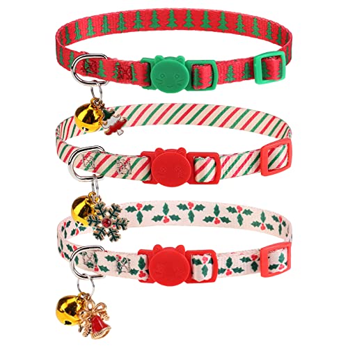 Christmas Breakaway Cat Collars with Bell & Cute Pendants - 3 Pack Adjustable Safety Kitten Collars - Xmas Collar for Kitten Cat Christmas Party - color: Style A - Christmas
