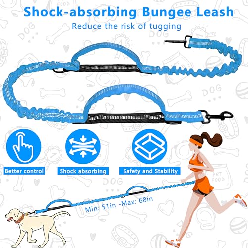 Hands Free Dog Leash with Zipper Pouch, Running Waist Leash for Dog Walking, Adjustable Waist Belt for Large Dogs, Reflective Bungee Design with Two Handle for Hiking, Training, Sky Blue - color: Sky Blue