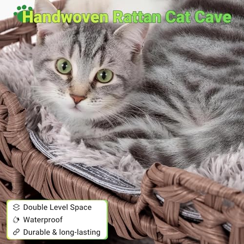 Handwoven Rattan Cat House w/ 2 Cushions, Wicker Cat Bed Indoor Kitten House, Waterproof & Foldable Pet Cube Bed, Brown, 16.5”L x 16.5”W x 12.6”H - color: Brown
