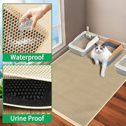 GRELY XL 47 x 28 Extra Large Double Layer Cat Litter Mat, Kitty Box Mat, Waterproof Urine Proof Non-Slip Cats Rug for Pet,Litter Trapping Mat - color: Khaki XL 47"x28"