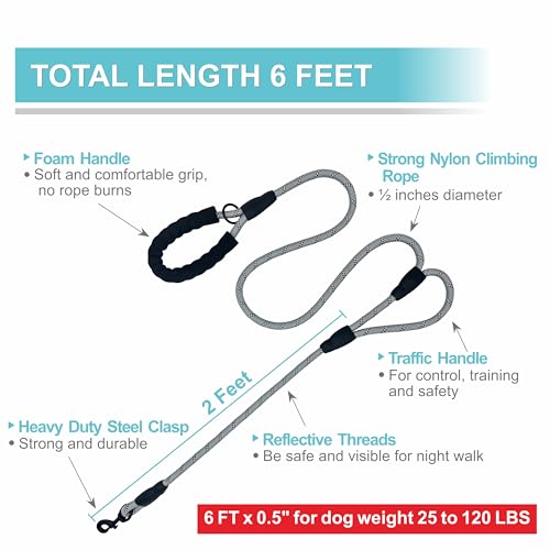 Dog Leash Heavy Duty 6ft, Double Handle Dog Leash with Padded Handle for Traffic Control, Reflective Rope Leashes for Large and Medium Dogs Night Control Safety Training (Grey) - color: Grey (25 to 120 lbs)