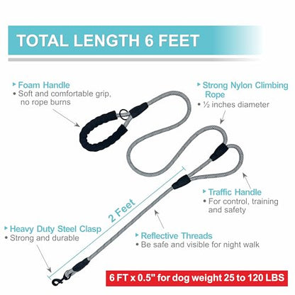Dog Leash Heavy Duty 6ft, Double Handle Dog Leash with Padded Handle for Traffic Control, Reflective Rope Leashes for Large and Medium Dogs Night Control Safety Training (Grey) - color: Grey (25 to 120 lbs)