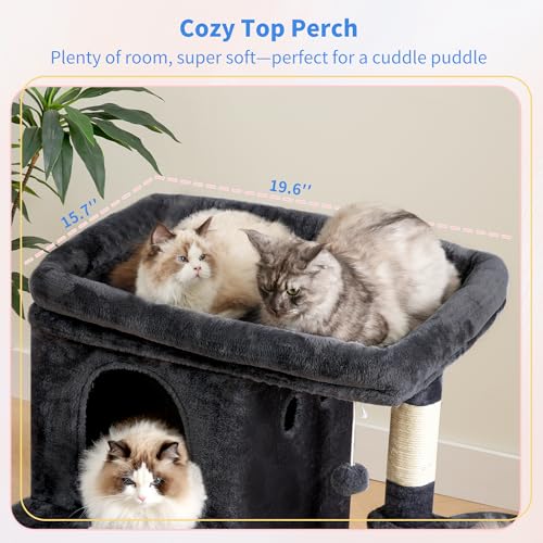 Heybly Cat Tree, 25.6-inch Cat Tower with Spacious Top Perch for Large Cats, Stair-Style Cat House Furniture with Dual-Layer Condos, Sisal Scratching Posts, Cozy Basket & Pompom, Smoky Gray HCT204SG - color: Smoky Gray, size: 25.6 inch