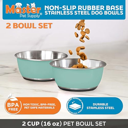 Master Pet Supply Stainless Steel Dog Bowls Set of 2 (16 Oz Each) with Non-Slip Rubber Base - Aqua Sky - Basic Dog Food Bowl Water & Food Bowls for Small Medium Large Dogs & Cats, Metal Dish - color: Aqua Sky, size: 2 Cups (16 Oz) 2 Pack