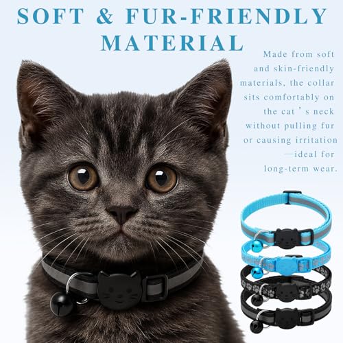 4-Pieces Adjustable Cat Collars with Bells, Breakaway Collars with Reflective Safety Design for Kittens & Cats