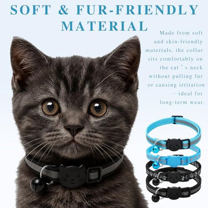 4-Pieces Adjustable Cat Collars with Bells, Breakaway Collars with Reflective Safety Design for Kittens & Cats