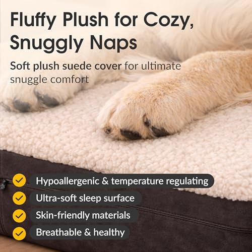 KOPEKS Jumbo Orthopedic Dog Bed - 7-inch Thick Memory Foam Pet Bed with Pillow with Removable Cover & Free Waterproof Liner - for Large Breed Dogs, XL, Brown-Plush Top - color: Brown-Plush Top