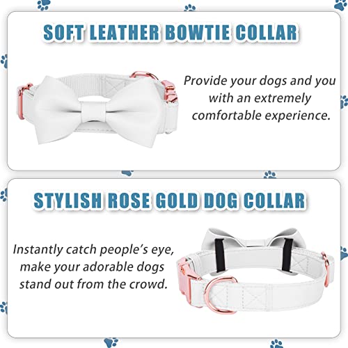 Soft Leather Bowtie Dog Collar - Adjustable Cute Bow Tie Collar [Easy to Clean] with Stylish Rose Gold Heavy Duty Metal Buckle for Small Medium Large Dogs White M - color: White, size: M(13.8"-19.7")