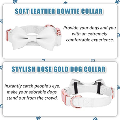Soft Leather Bowtie Dog Collar - Adjustable Cute Bow Tie Collar [Easy to Clean] with Stylish Rose Gold Heavy Duty Metal Buckle for Small Medium Large Dogs White M - color: White, size: M(13.8"-19.7")
