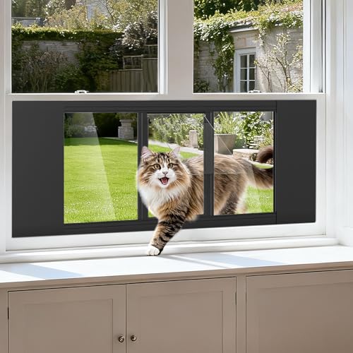 DoCred Cat Door for Window, Full-Size Window Pet Doors Fits 23"-34" Width Windows, Aluminum Frame Windows Cat Door Insert, Quick Install Pet Doors for Cats & Small Dogs,12.2" Height,Black - color: Black, size: Width adjustable 23"-34" Height:12.2"