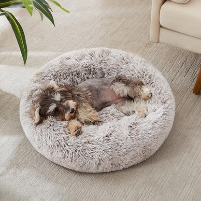 WESTERN HOME WH Calming Dog & Cat Donut Cuddler, Anti-Anxiety Warming Cozy Soft Round Bed, Fluffy Faux Fur Plush Cushion for Small Medium Dogs and Cats (20"/24"/27"/30") - color: White Khaki, size: 24.0"L x 24.0"W x 7.0"Th