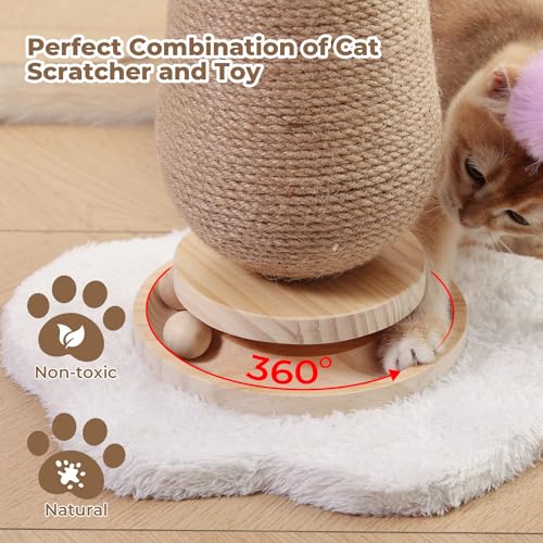 Mushroom Cat Scratching Post with Interactive Ball Track Spring Ball Cat Toys, 21.2" Cat Jute Scratcher Tree for Indoor Cats, Brown - color: Brown