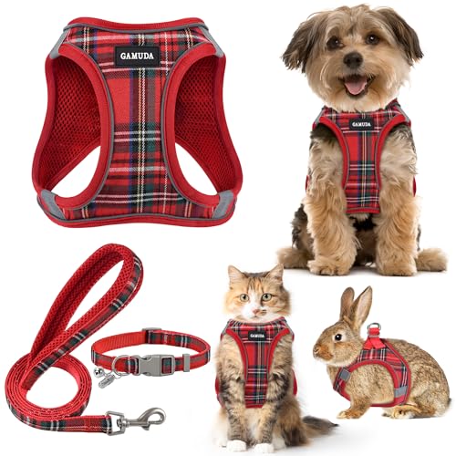 Small Dog Harness Collar and Leash Set, Step in No Chock No Pull Soft Mesh Adjustable Dog Vest Harnesses Plaid Reflective for Dogs Puppy Cats Kitten Rabbit (Red, XXXS) - color: Red, size: XXXS