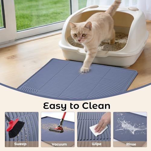 34" x 22" Diamond Cat Litter Mat, Absorbent & Fast-Dry Silicone Litter Trapping Mat with Raised Edges, Extra Large Waterproof Pad for Kitty Litter Box, Grey