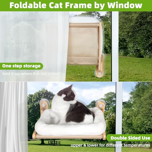 NUNU LAB Cat Window Perch, Cat Hammock for Window W/4 Strong Suction Cups, Sturdy Solid Wooden Frame and Soft Dual Purpose Cover, Beds for Indoor