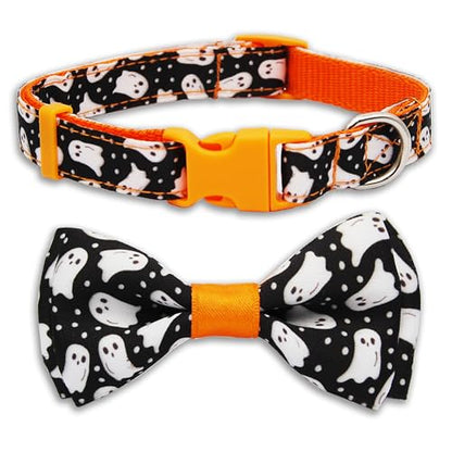 Halloween Dog Collar Adjustable Ghost Print Holiday Collar with Sturdy Buckle & Bow Tie Soft, 3 Sizes for Small Medium Large Dogs Pets Puppies - color: Chasing Ghosts, size: Large-(16-27") Neck * 1" Wide