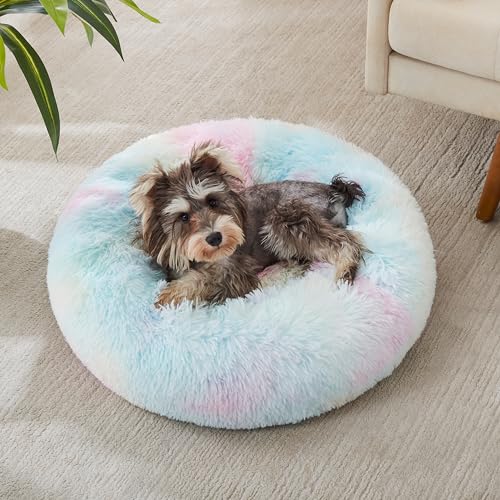WESTERN HOME WH Calming Dog & Cat Bed, Anti-Anxiety Donut Cuddler Warming Cozy Soft Round Bed, Fluffy Faux Fur Plush Cushion Bed for Small Medium Dogs and Cats (20"/24"/27"/30") - color: Rainbow, size: 24.0"L x 24.0"W x 7.0"Th