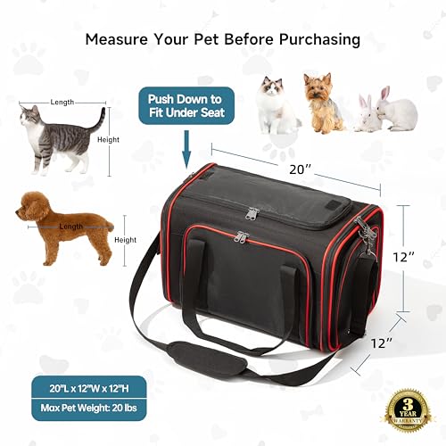 EliteField Soft-Sided Pet Carrier (3-Year Warranty, Airline Approved), Foldable Travel Bag with Removable Fleece Bed for Dogs, Cats & Small Pets, Scratch-Resistant Mesh - color: Black, size: 20.0"L x 12.0"W x 12.0"H