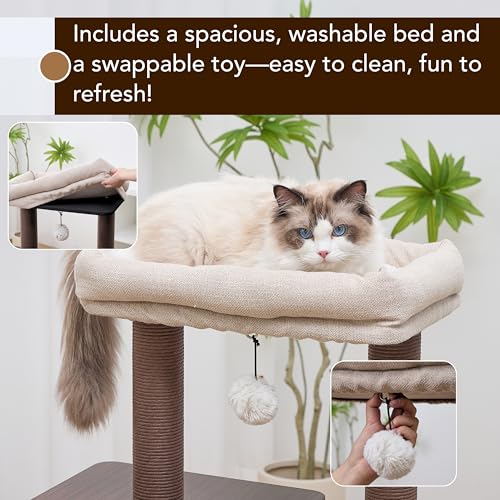 Petpals 4 Level 43" Minimalist Design Cat Tree with Wood Condo,Replaceable Paper Rope Scratching Posts,Full Body Bruch,Removeable and Washabel Bed (Brown and Beige) - color: Brown and Beige