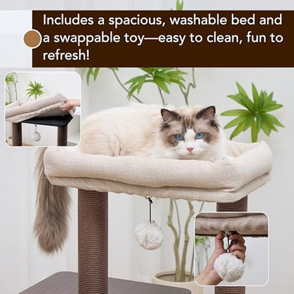 Petpals 4 Level 43" Minimalist Design Cat Tree with Wood Condo,Replaceable Paper Rope Scratching Posts,Full Body Bruch,Removeable and Washabel Bed (Brown and Beige) - color: Brown and Beige