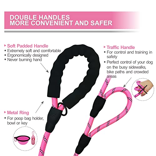 Dog Leash Heavy Duty 6ft, Double Handle Dog Leash with Padded Handle for Traffic Control, Reflective Rope Leashes for Large and Medium Dogs Night Control Safety Training (Pink) - color: Pink (25 to 120 lbs)