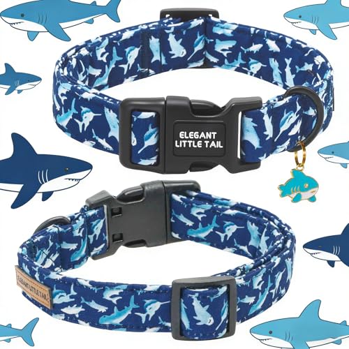 Elegant little tail Summer Dog Collar,Shark Print Spring Pet Collars Dog Cotton Soft Sturdy Puppy Collars Female Adjustable Collar for Small Medium Large Dogs - color: Blue Shark, size: X-Small (Pack of 1)