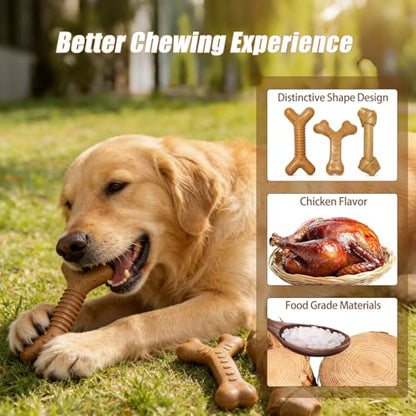 Dog Chew Toys for Aggressive Chewers, 3 Pack Nylon & Wood Teething Bone Toy Set with Chicken Flavor, Durable Tough Bones Chewing Toys for Medium & Large Dogs - style: 3Pack-Large