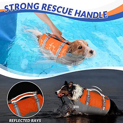 SlowTon Dog Life Jacket, Adjustable Ripstop Dog Life Vest with One Piece Belly Support Superior Buoyancy, Skin-Friendly Neoprene Pet Safety Flotation Vest for Swimming Boating(Orange M)
