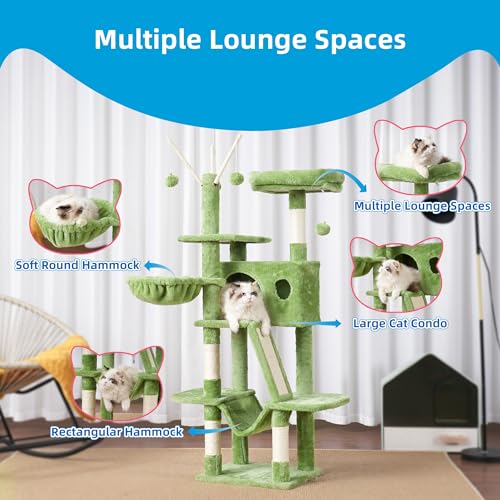 Hey-brother Cat Tree, 53 inch Cat Tower for Indoor Cats, Cat House with Padded Platform Bed, Toy Balls, Large Cozy Condo, Hammocks and Sisal Scratching Posts, Green MPJ019-SGR - color: Green