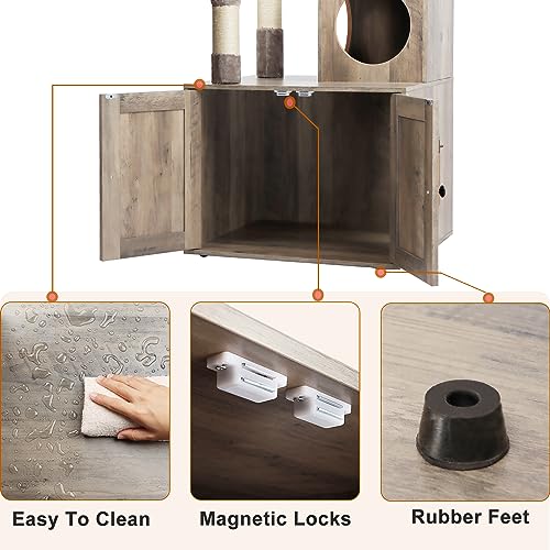 Timberer Litter Box Enclosure with Cat Tree, 2-in-1 Cat Tree Tower, Hidden Cat Litter Box Furniture with Scratching Post, Modern Cat Condo, Grey - color: Grey