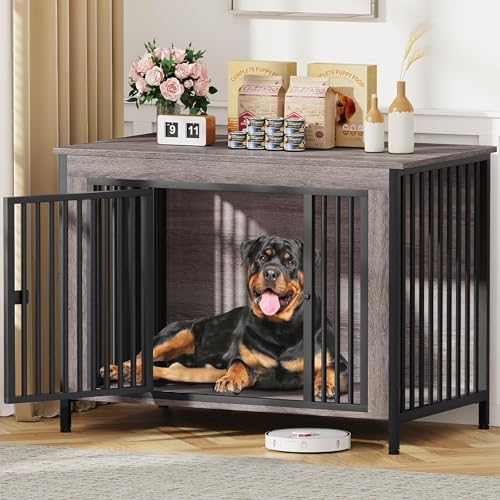 EasyCom Dog Crate Furniture for 1 or 2 Dogs, Heavy Duty Single/Double Dog Crates for Small/Medium/Large Dogs, Dog Kennel Furniture Indoor as TV Stand, Extra Large Size 47.24" L(65-92 Pounds), Oak Grey - color: Oak Grey, size: 47.2"L x 28.4"W x 37.0"H