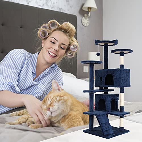 Cat Tree, 54'' Tall with 3 Scratching Posts, 3 Platforms, 2 Condos, for Indoor Cats - color: Navy Blue