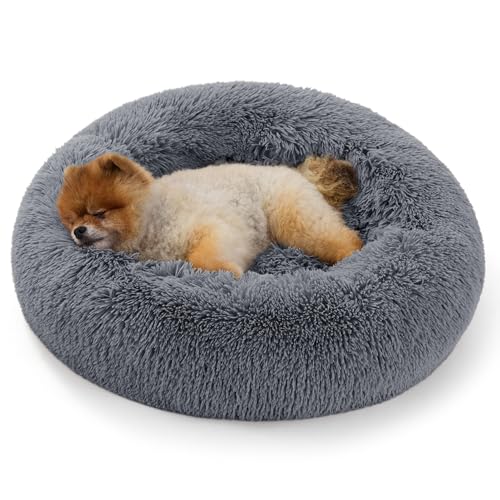 Bedsure Calming Donut Cat Bed - Fluffy Plush Round Pet Bed for Indoor Cats & Small Dogs, Washable Anti-Anxiety Soft Comfy Cuddler, 23x23 Inches, Grey (Basic Version) - color: Grey, size: 23x23x5