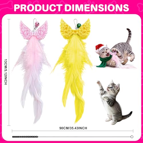 Walfront Interactive Cat Toy Wand — Yellow & Pink Wing Tassel Teaser with Replaceable Natural Heads, Flexible Steel Rod, Indoor Cat Toy for Multi-Cat Homes, Kittens & Adult Cats, Play & Stress Relief