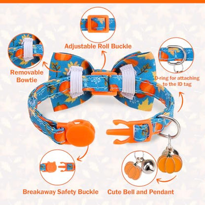Breakaway Cat Collar Thanksgiving 2 Pack - Fall Pumpkin & Turkey Bow Tie with Bell, Safe Adjustable Kitten Collars for Holiday, Fits Cats and Small Puppies - color: Maple Leaf