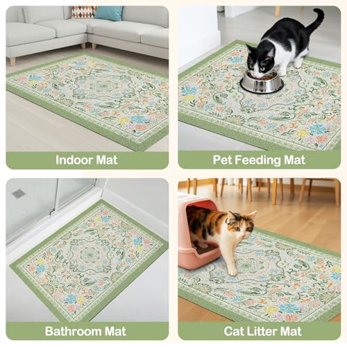 Glittme Cat Litter Mat with Non-Slip Bottom Litter Box Mat 33"X22" Litter Trapping Mat Easy to Clean Washable Cat Food Mat for Kitty,L - color: Bean Green, size: 33"x22"