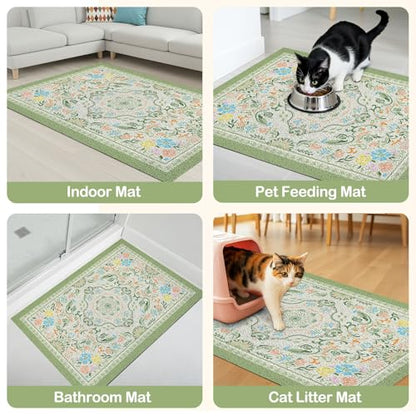 Glittme Cat Litter Mat with Non-Slip Bottom Litter Box Mat 33"X22" Litter Trapping Mat Easy to Clean Washable Cat Food Mat for Kitty,L - color: Bean Green, size: 33"x22"