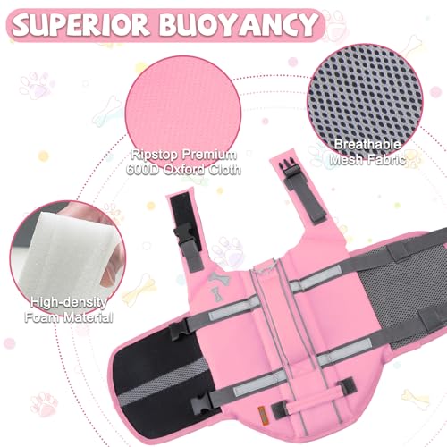 EMUST Dog Life Vests, Adjustable XS Dog Life Jacket with Rescue Handle, Puppy Flotation Vest for Small/Medium/Large Dogs, SakuraPink, XS - color: Sakura Pink, size: XS