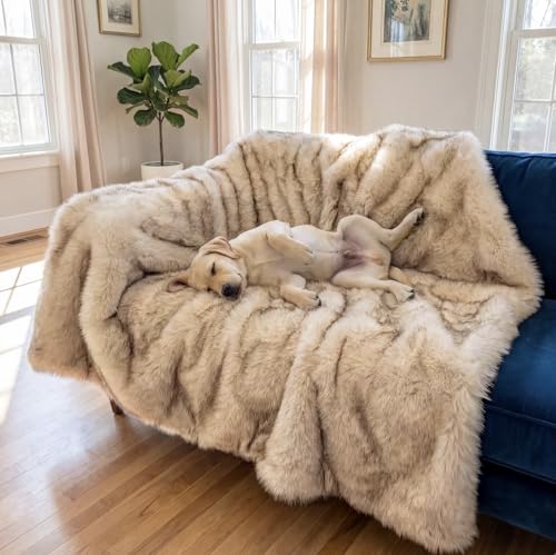 IHAPPYDOG Waterproof Faux Fur Dog Blanket – Pet Throw & Couch Protector for Sofa, Bed, Furniture – Plush Pup Cover for Small Medium Large Dogs – Machine Washable – White w/Brown Tips – 80" x 60" - color: White W/ Brown Tips, size: 80" x 60"