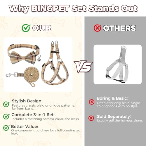 BINGPET Dog Harness Collar Leash Set,Adjustable No Pull Escape Proof Small Dog Harness,Classic Plaid Puppy Harness and Leash Set for Small Medium Large Dogs Training Easy Walk Running(Beige,M) - color: Beige Plaid, size: M(Chest Girth:17.3''-23.38'')