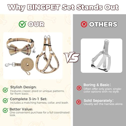BINGPET Dog Harness Collar Leash Set,Adjustable No Pull Escape Proof Small Dog Harness,Classic Plaid Puppy Harness and Leash Set for Small Medium Large Dogs Training Easy Walk Running(Beige,M) - color: Beige Plaid, size: M(Chest Girth:17.3''-23.38'')