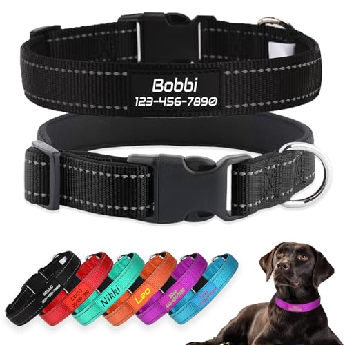Personalized Dog Collars, Reflective Nylon Custom with Pet Name and Phone Number,Adjustable 5 Sizes and 3 Fonts Soft Neoprene Padded Dog Collar for Boy Girl Puppies Dogs,Black - color: Black