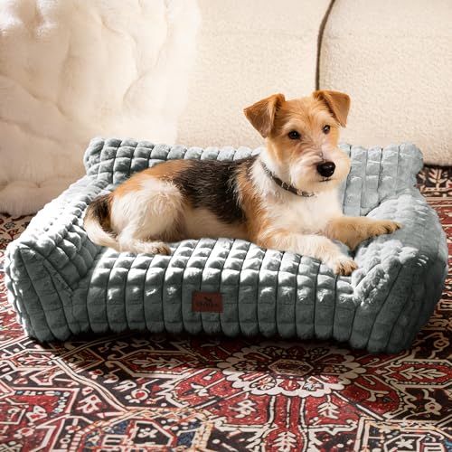 Cute Small Dog Couch Bed – Supportive & Fluffy Pet Sofa with Faux Rabbit Fur Washable Cover in 3D Diamond Pattern, 30" Grey - color: Grey, size: Medium: 30"L x 20"W x 10"Th