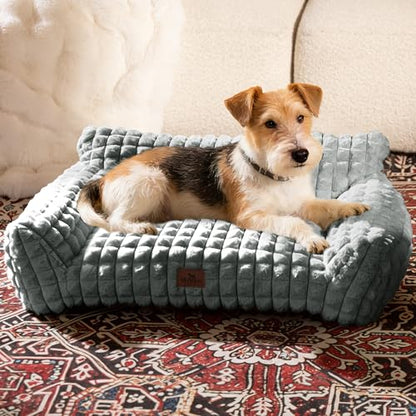 Cute Small Dog Couch Bed – Supportive & Fluffy Pet Sofa with Faux Rabbit Fur Washable Cover in 3D Diamond Pattern, 30" Grey - color: Grey, size: Medium: 30"L x 20"W x 10"Th