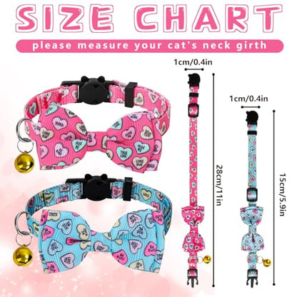 JarThenaAMCS 2Pcs Valentine Cat Collar Conversation Heart Bowtie Collar with Breakaway Bell Blue Pink Adjustable Kitten Collar for Girl Boy Cat Small Pet - style: Conversation Heart
